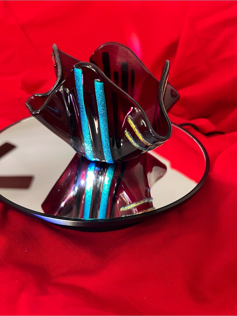 Handcrafted Fused Glass Decorative Bowl - Black with Blue & Gold Accents